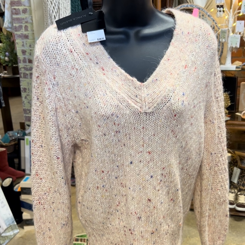Magaschoni NWT $398 Sweater Beige Confetti Alpaca Wool Blend V Neck Size M - Picture 1 of 14